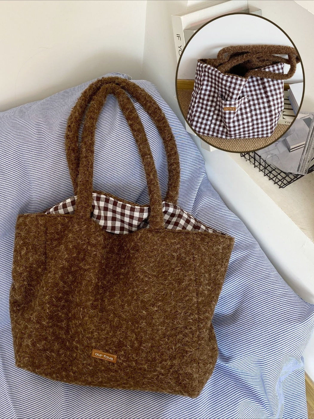 Cosbai – Plush Tote Bag with Checkered Lining