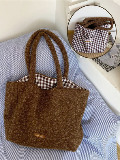 Cosbai – Plush Tote Bag with Checkered Lining