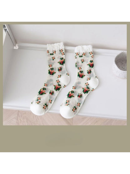 Side view of Rufia floral crew socks highlighting rose design and texture