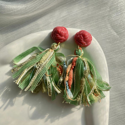 Earwish - Rose And Green Tassel Earrings - Vintage & Elegant