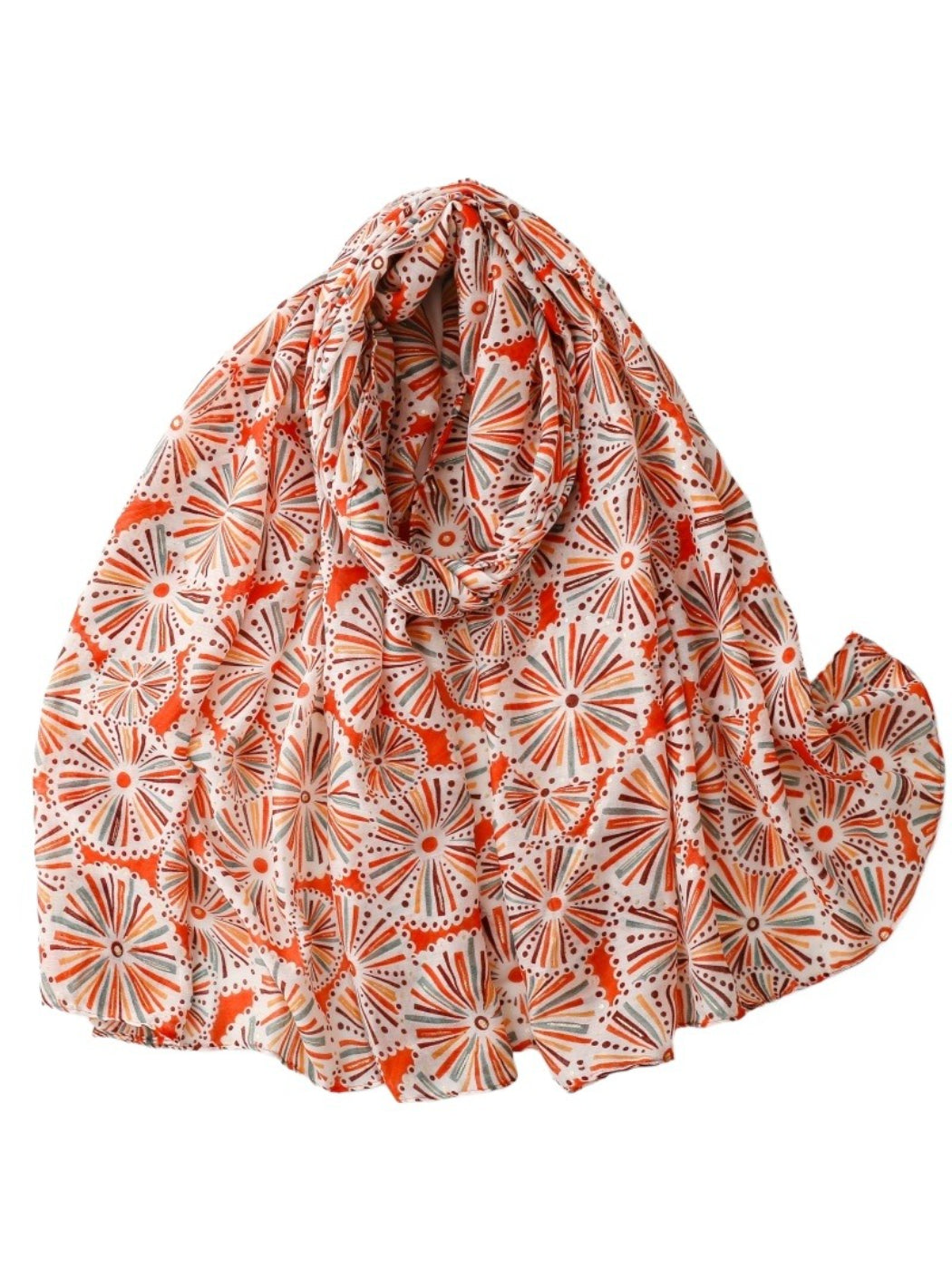 Model wearing Scarvii retro flower pattern scarf styled around the neck