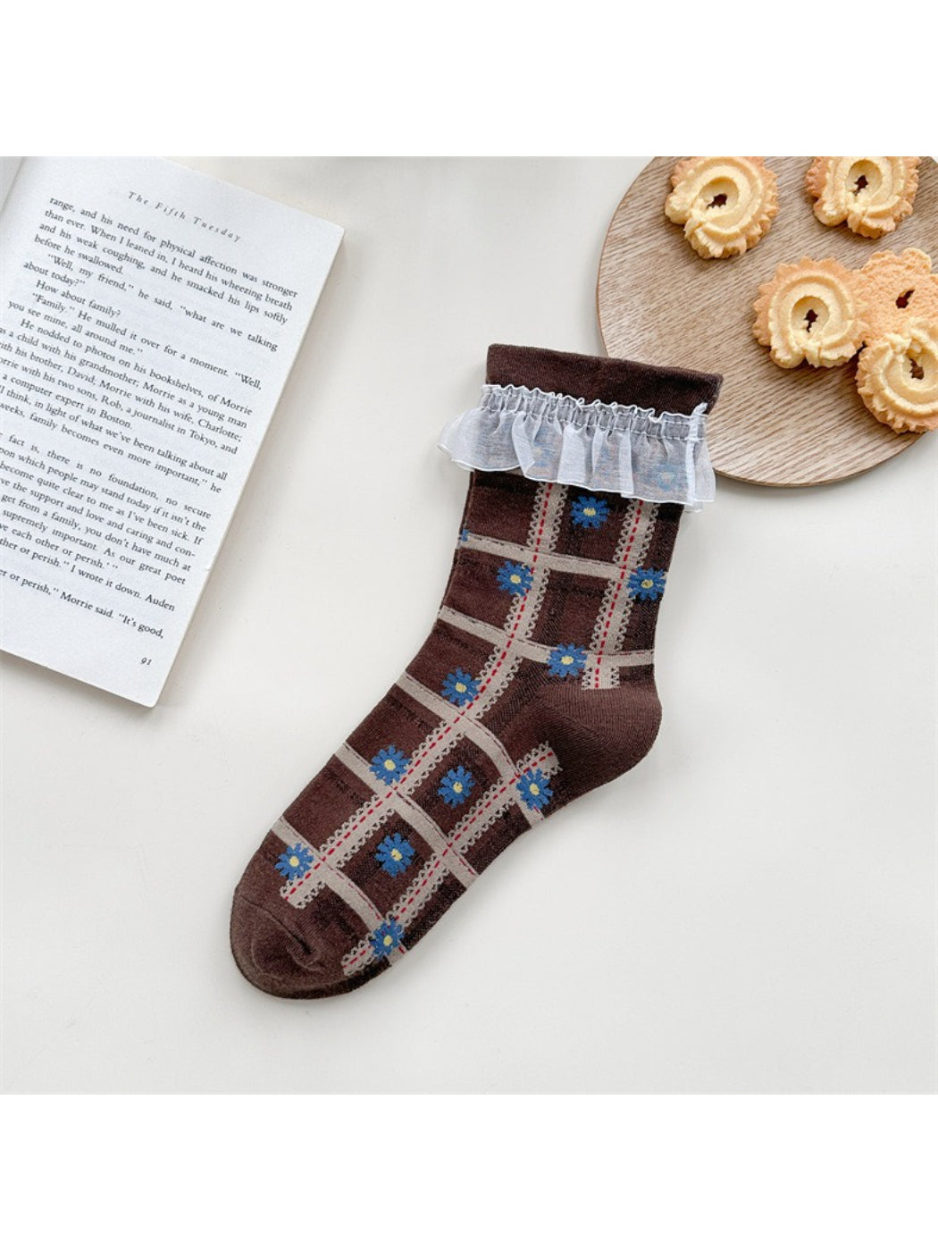 Rufia - Lace Trim Plaid Floral Crew Socks