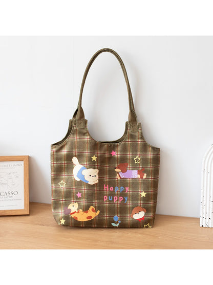 Cosbai - Plaid Puppy Friends Everyday Tote Bag