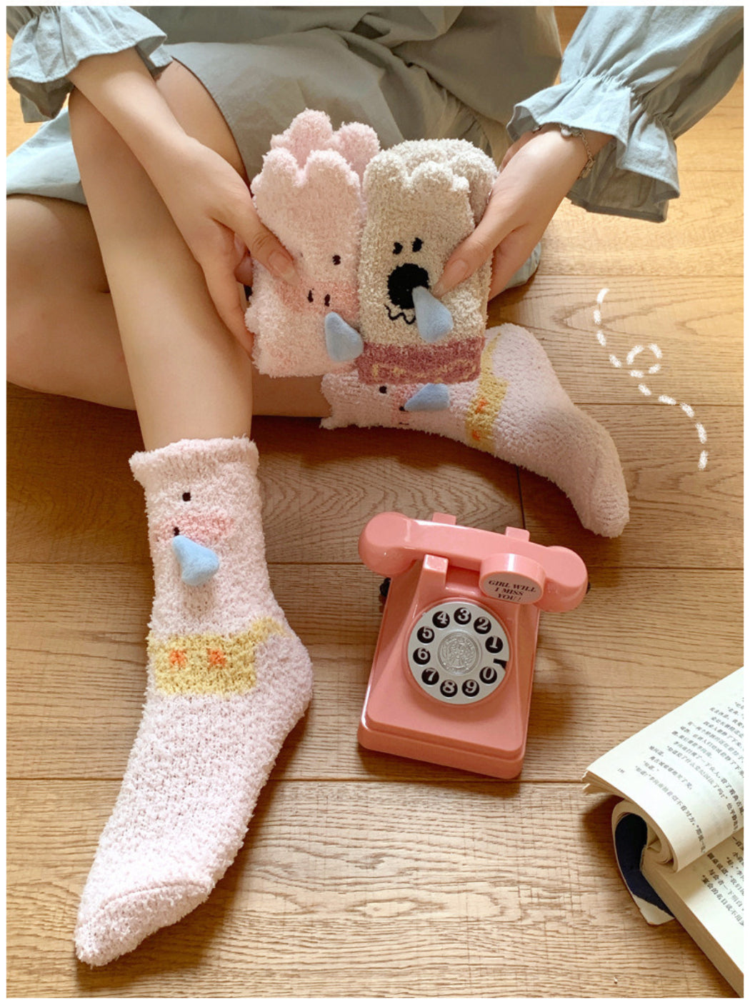 Rufia - Fuzzy Animal Crew Socks with 3D Nose Detail
