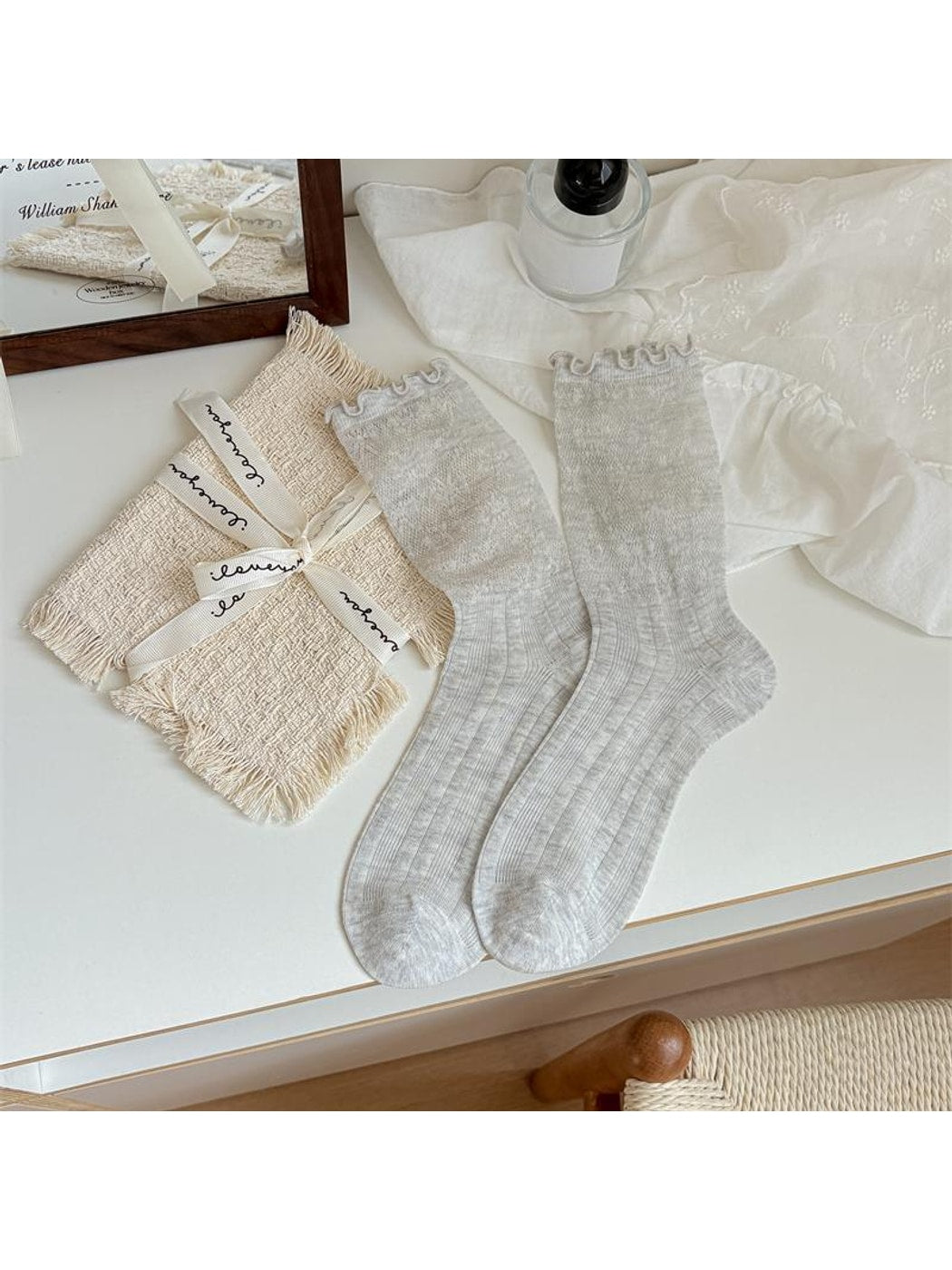 Rufia - Ruffle Trim Ribbed Solid Color Crew Socks