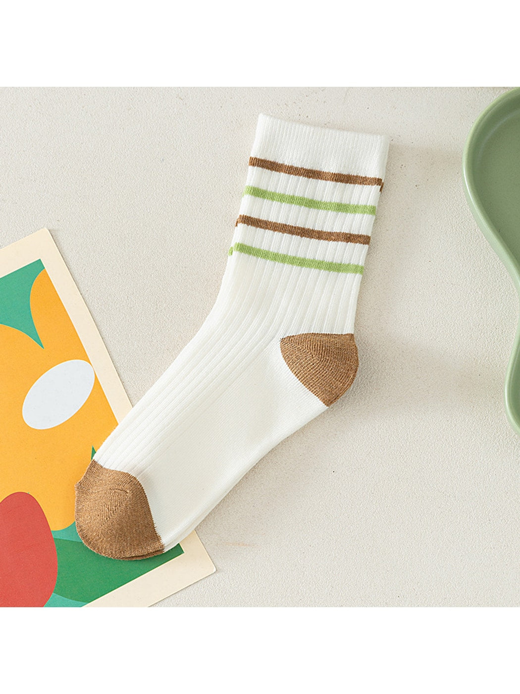 Rufia - Retro Brown Green Striped Crew Socks
