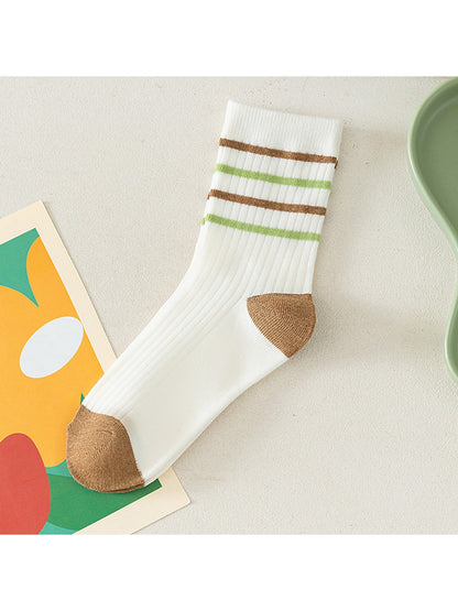 Rufia - Retro Brown Green Striped Crew Socks
