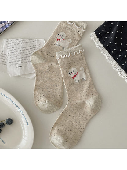 Rufia - Cartoon Dog Ruffle Cuff Casual Crew Socks