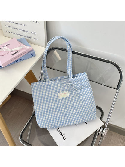 Cosbai - Tote Bag with Heart & Plaid Pattern