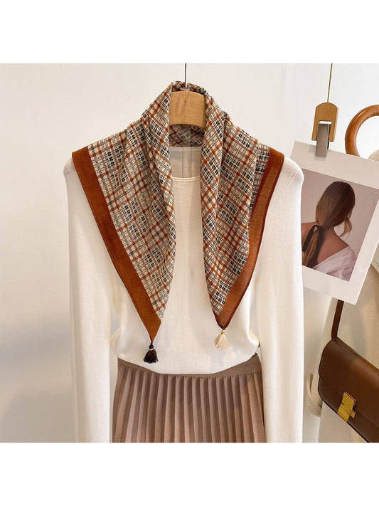 Scarvii - Vintage Check Print Border Tassel Square Scarf