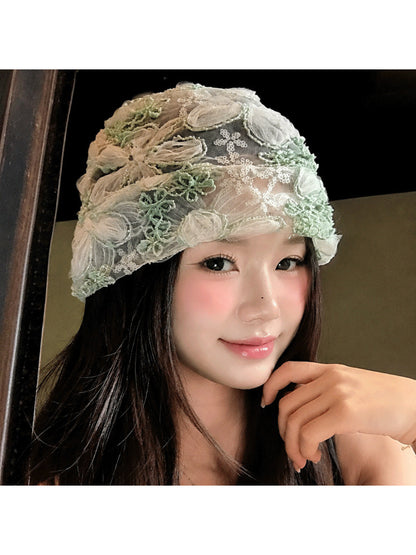 Haila - Floral Applique Mesh Cuffed Beanie