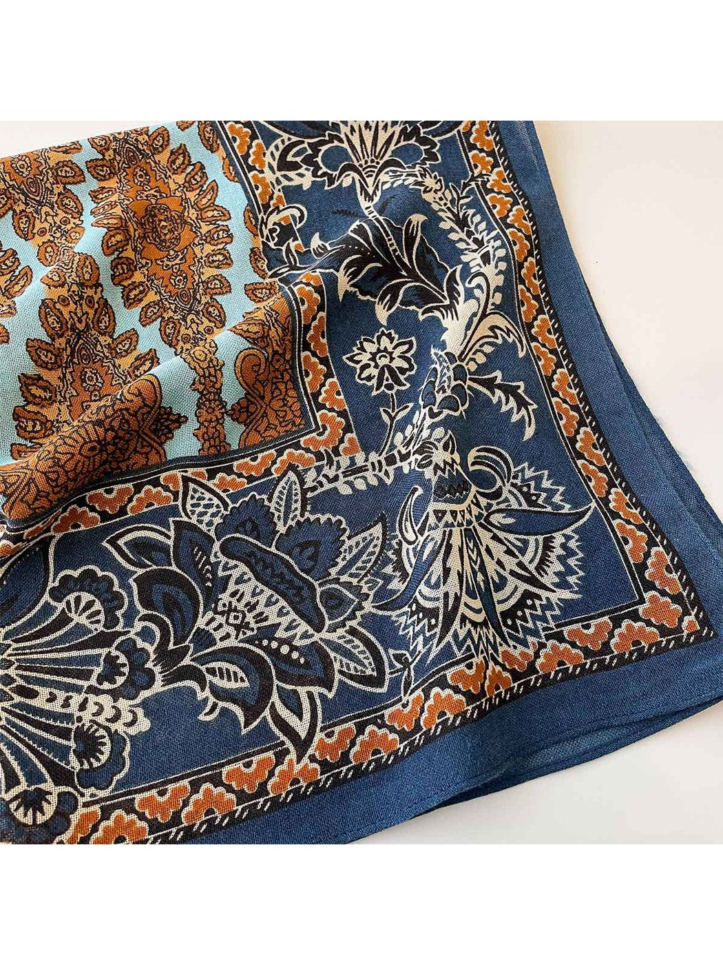 Scarvii - Navy Retro Floral Print Tassel Square Scarf