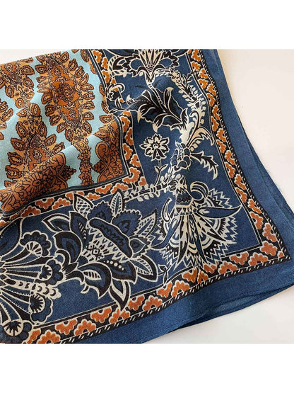Scarvii - Navy Retro Floral Print Tassel Square Scarf
