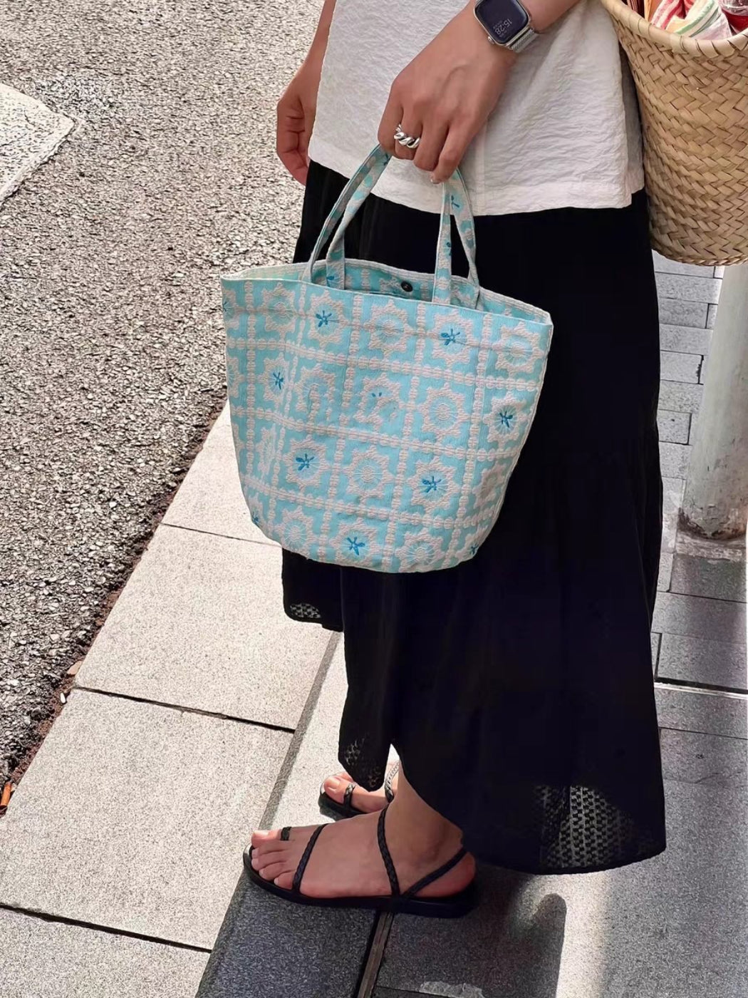 Cosbai Aqua Tapestry Bucket Tote Bag open top showing interior space