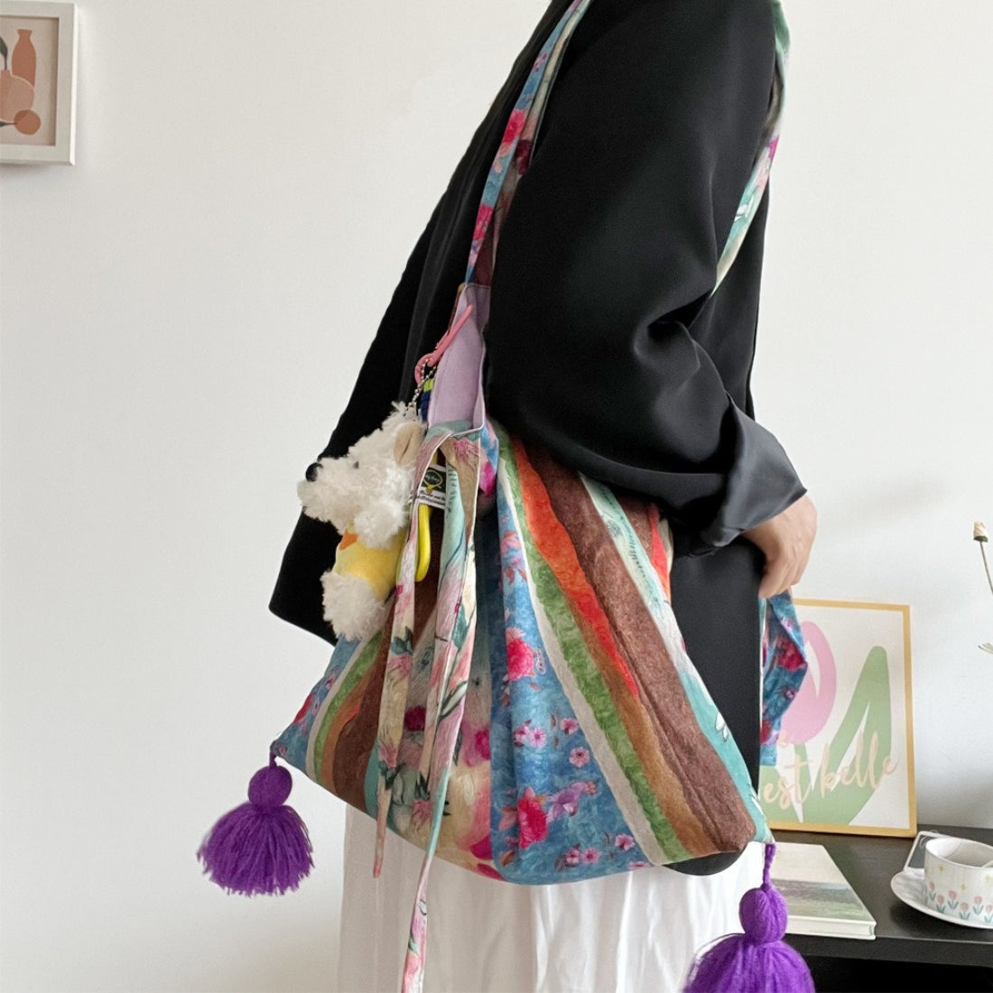 Boho Stripe Slouchy Tote Bag detail view