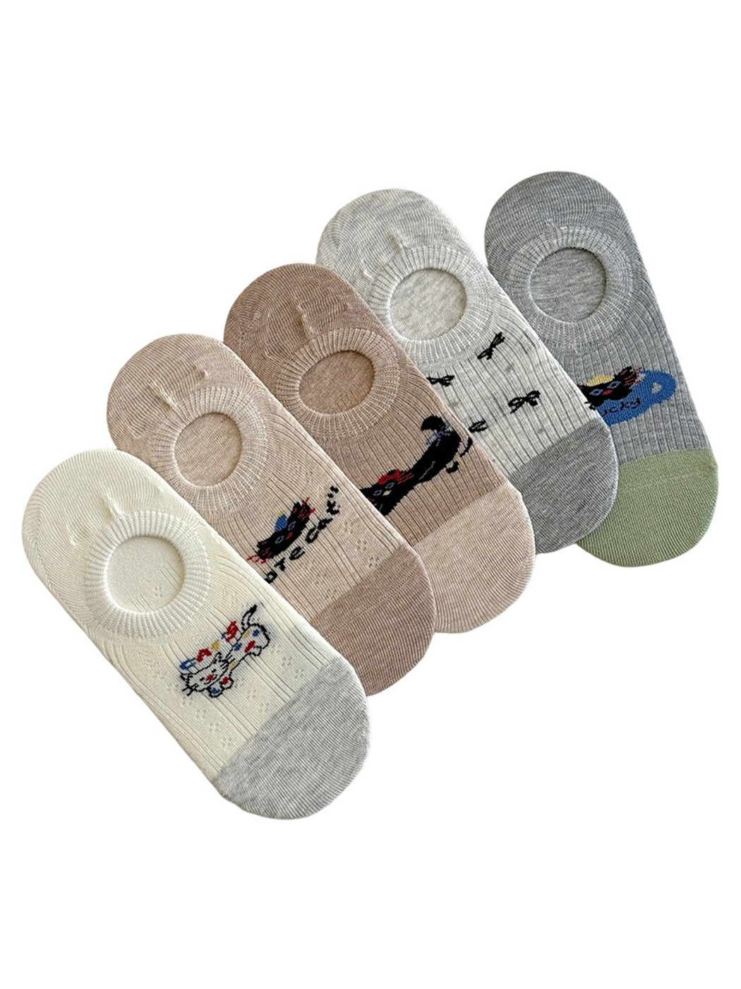 Rufia - Playful Cat Motif Color Block No-Show Socks