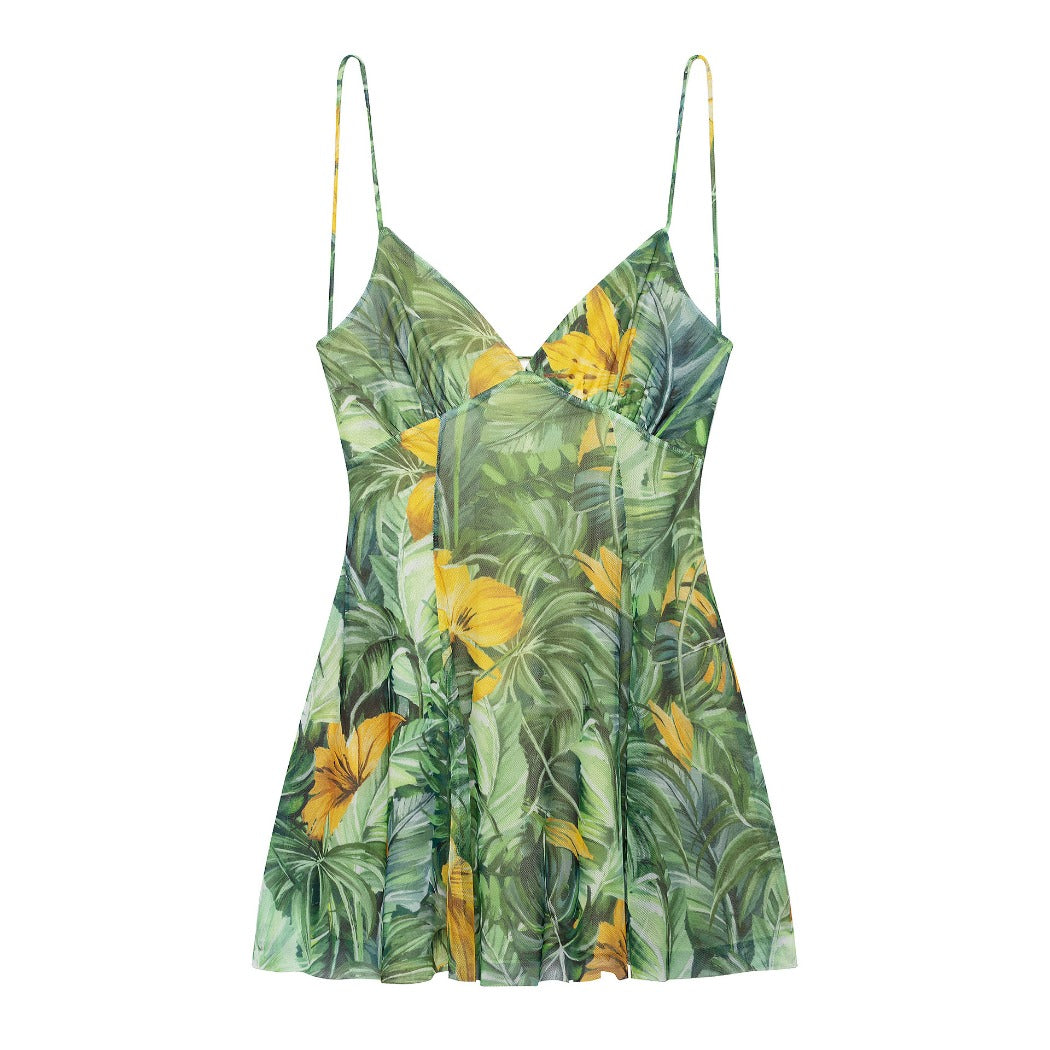 Troposa - Backless Mini Dress - Floral & Leopard & Leaf