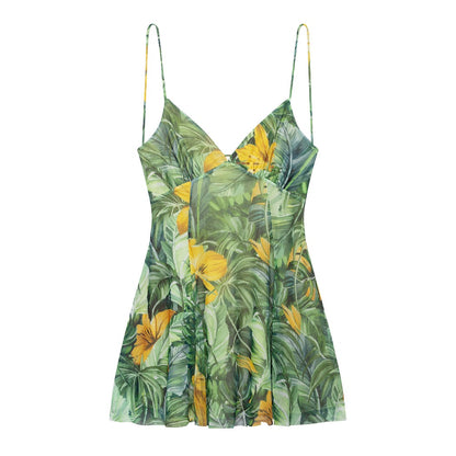 Troposa - Backless Mini Dress - Floral & Leopard & Leaf