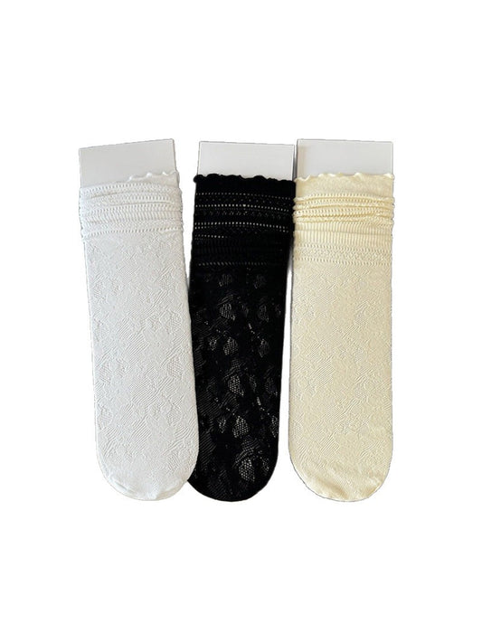 Rufia - Ruffle Edge Floral Knit Crew Socks