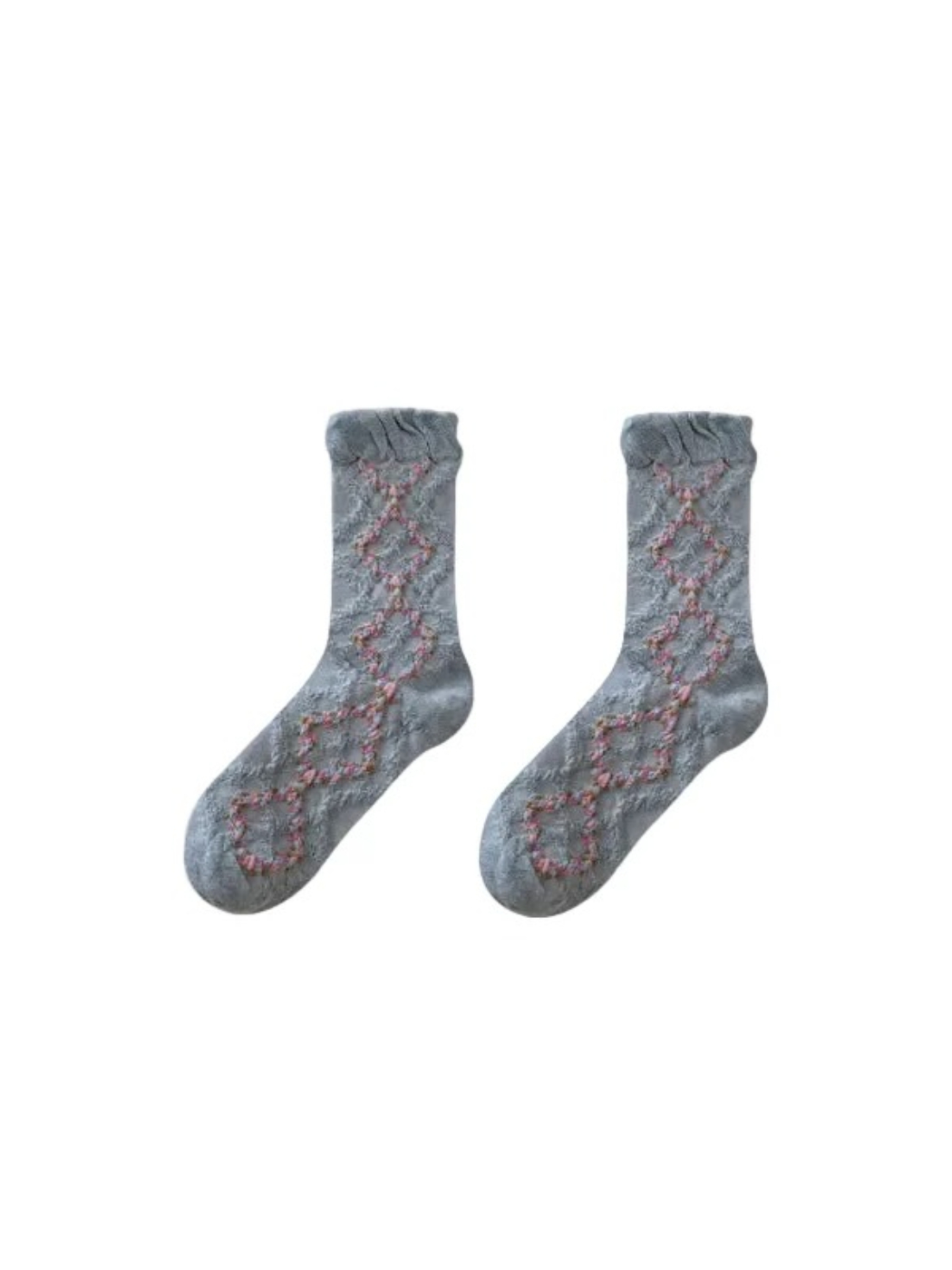 Rufia - Floral Argyle Ruffled-Cuff Crew Socks
