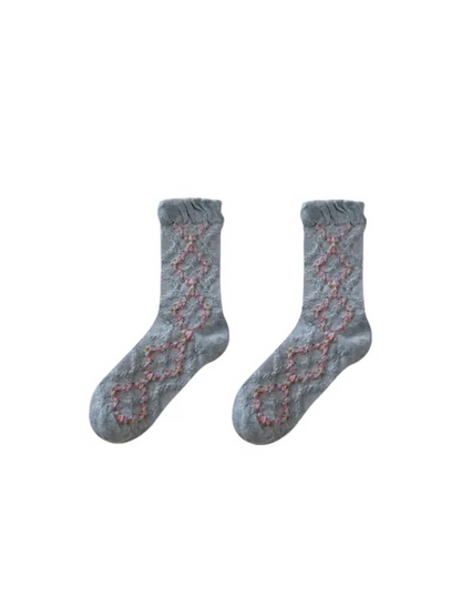 Rufia - Floral Argyle Ruffled-Cuff Crew Socks