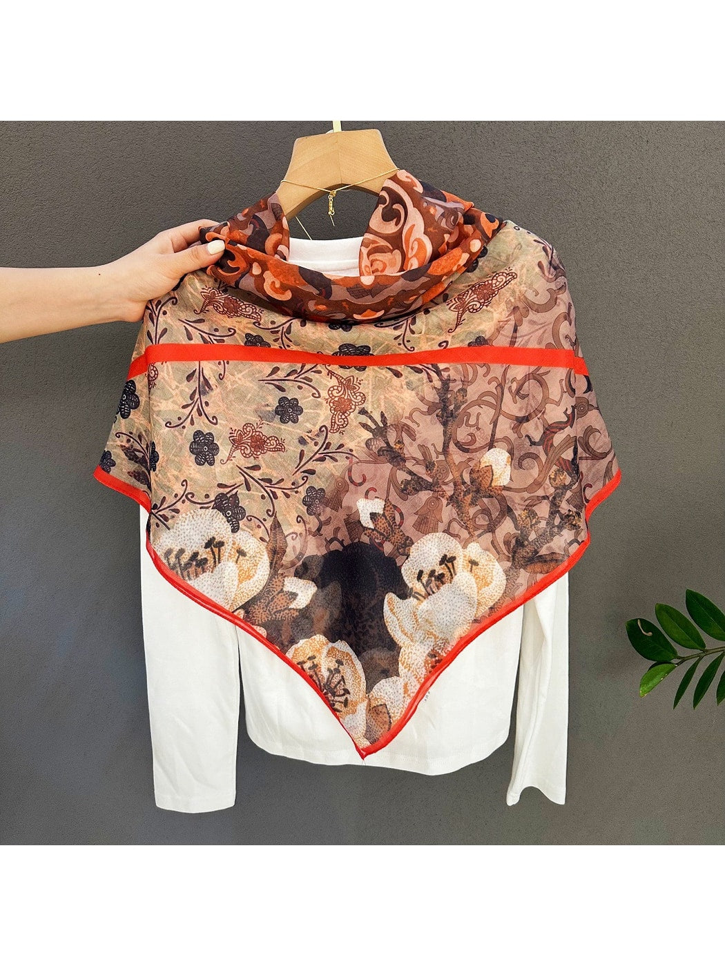 Scarvii - Brown Tone Floral Print Square Scarf