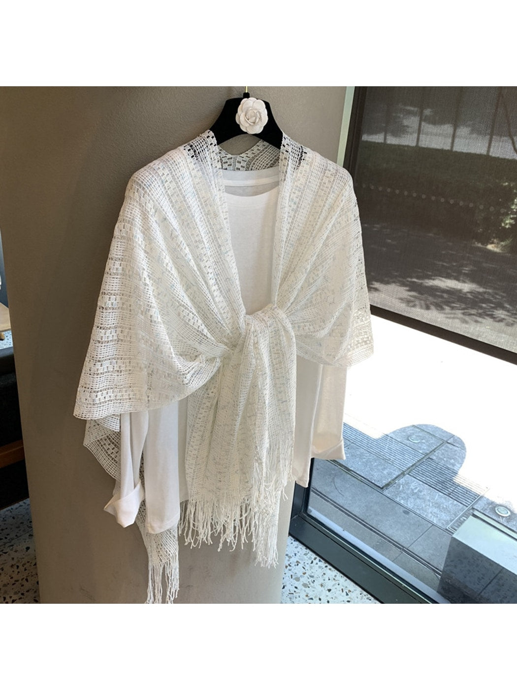 Scarvii - White Openwork Fringe Shawl Scarf