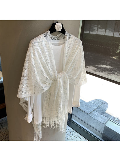 Scarvii - White Openwork Fringe Shawl Scarf