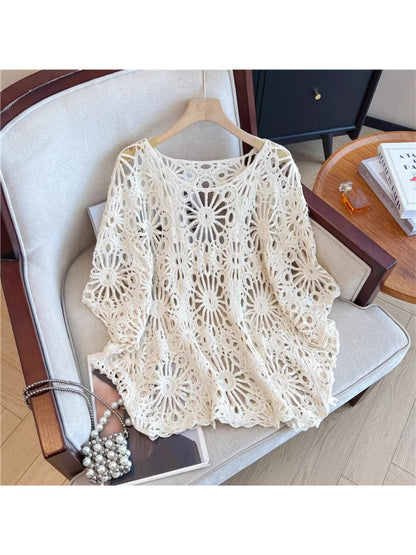 Crosa - Crochet Hollow Out Round Neck Beach Cover Up