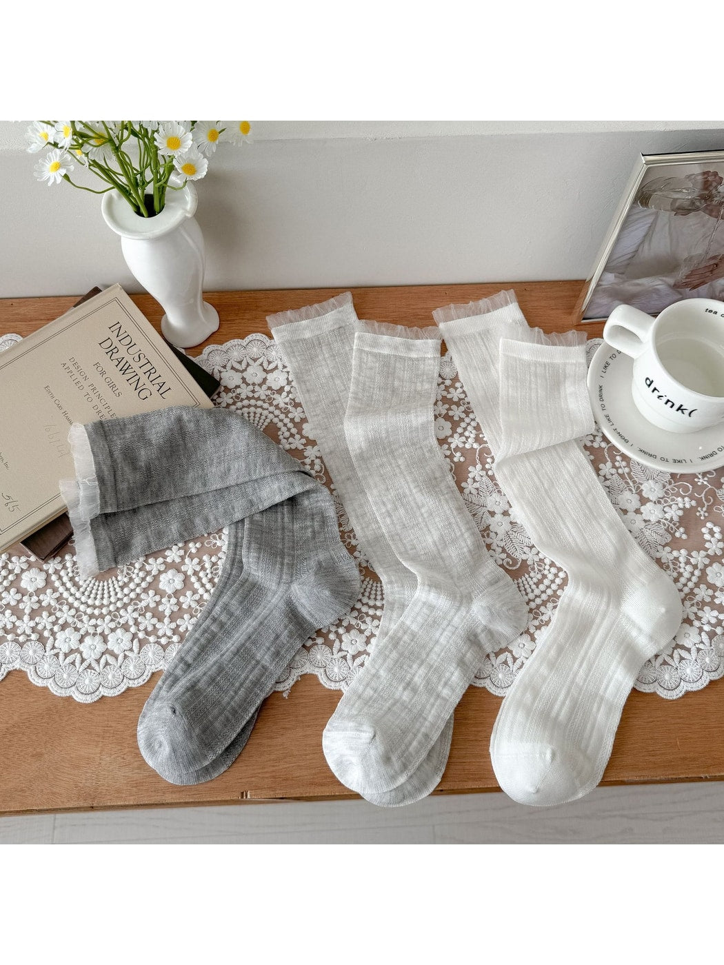 Rufia - Sheer Ribbed Crew Socks with Ruffled Cuff