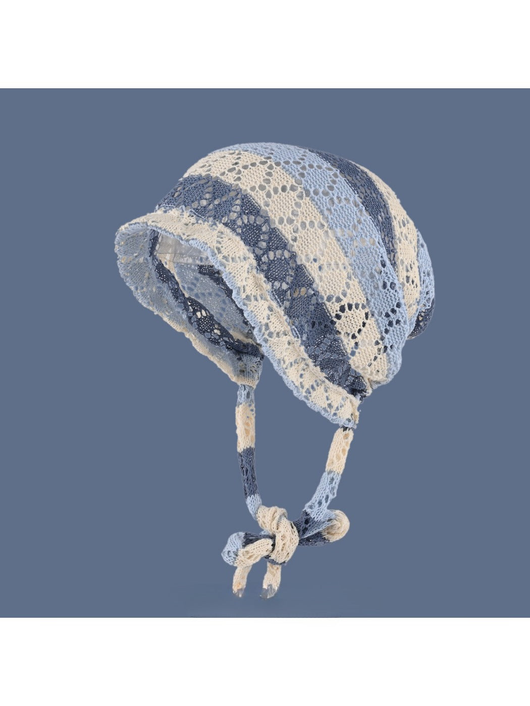 Haila hollow out lace up knit slouchy beanie in light beige displayed on white background
