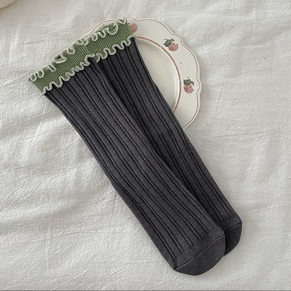 Rufia contrast wave trim long socks stretched out on white background