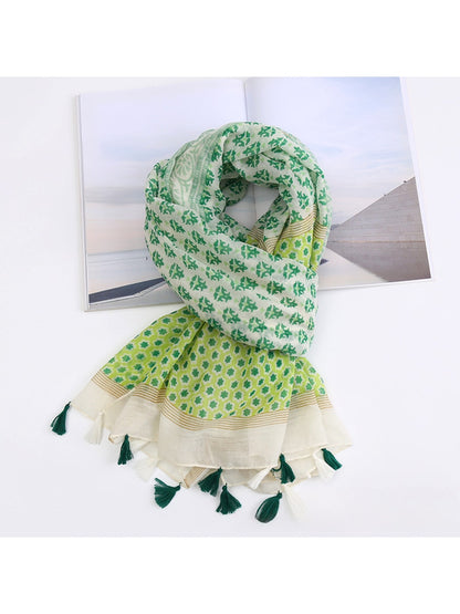 Scarvii - Green Floral Print Fringe Scarf