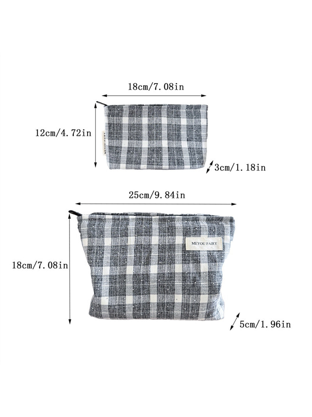 Cosbai - Gray White Checkered Zipper Makeup Bag