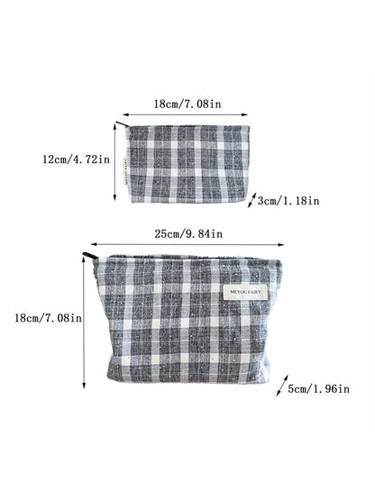 Cosbai - Gray White Checkered Zipper Makeup Bag