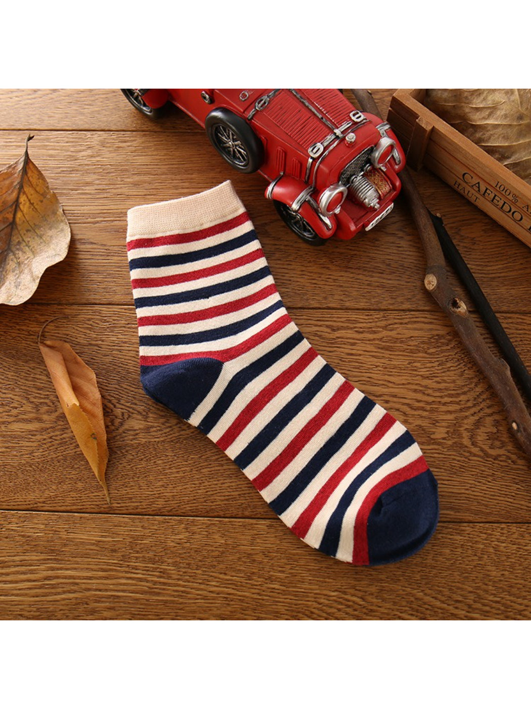 Rufia crew socks worn with casual shoes highlighting patriotic stripes
