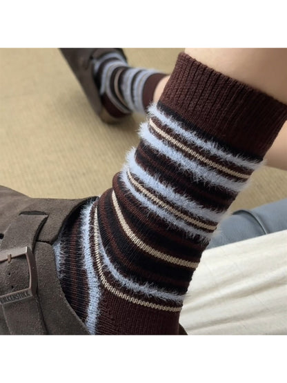 Rufia - Cozy Fuzzy Stripe Mid Calf Socks