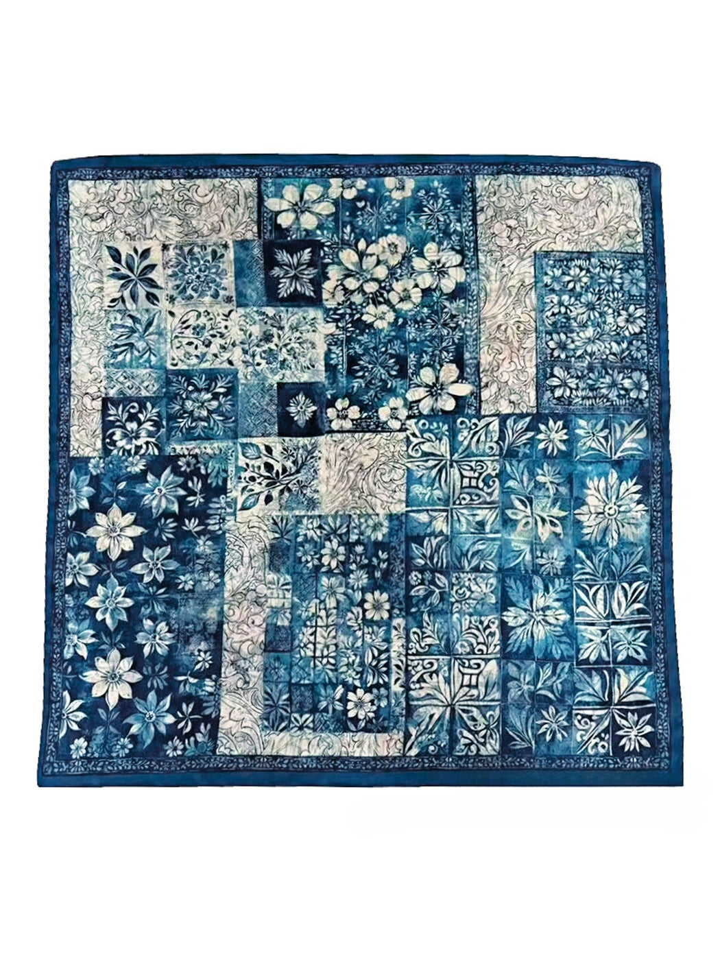 Scarvii - Blue Patchwork Floral Print Square Scarf