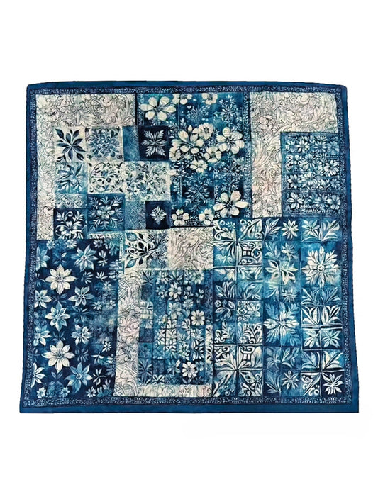 Scarvii - Blue Patchwork Floral Print Square Scarf