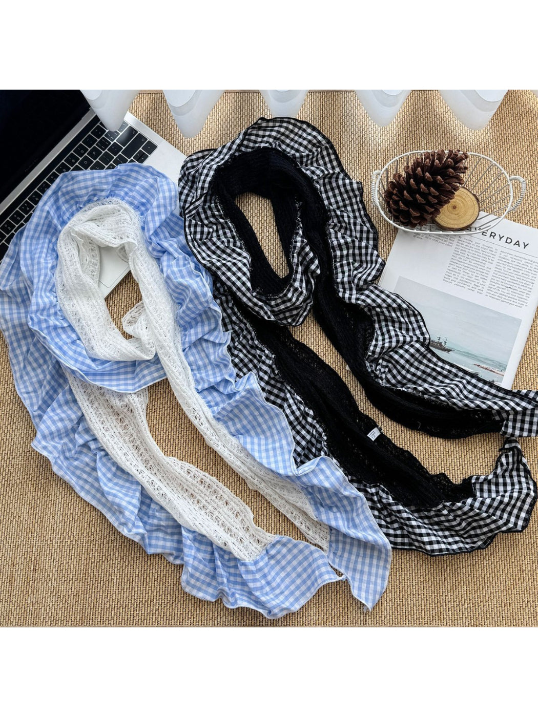 Scarvii - Gingham Lace Ruffle Long Scarf