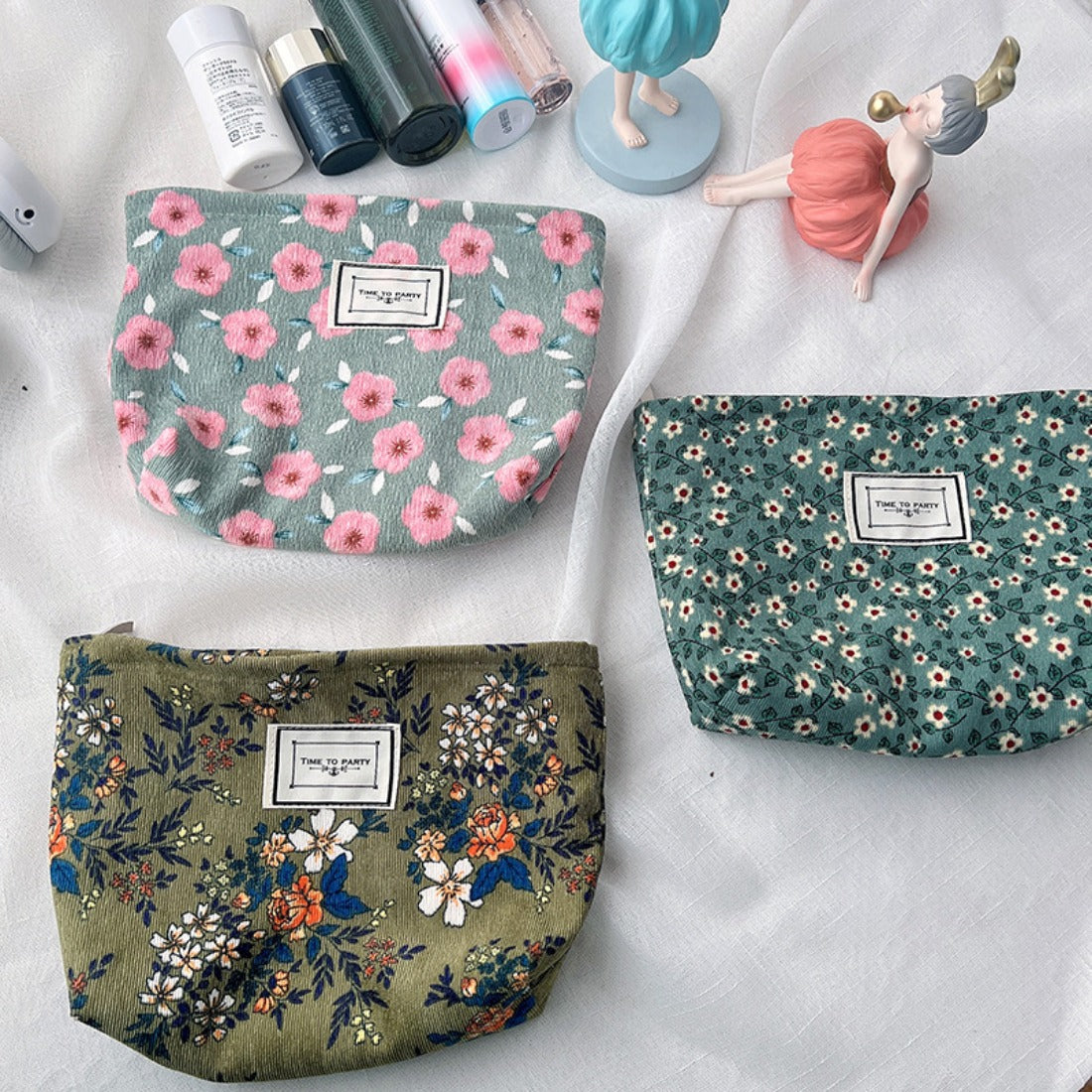 Cosbai - Corduroy Floral Cosmetic & Storage Bag