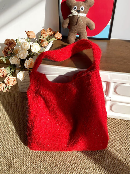 Side view of Cosbai plush glitter shoulder bag with strap detail