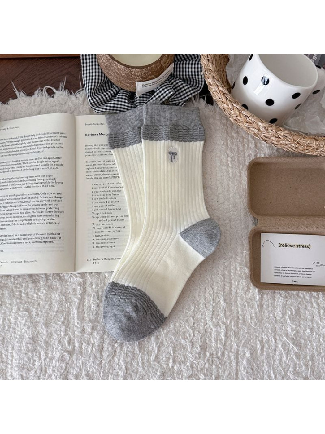 Rufia embroidered ribbon ribbed slouch socks displayed with focus on embroidered ribbon design