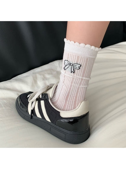Rufia - Ribbed Mesh Bow Pattern Crew Socks