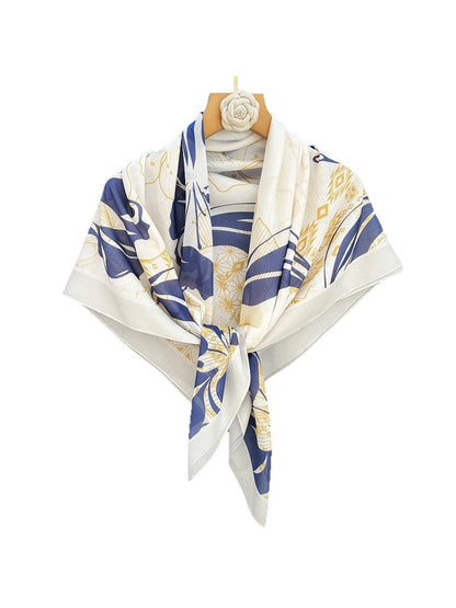 Scarvii - Blue Floral Print Elegant Square Scarf