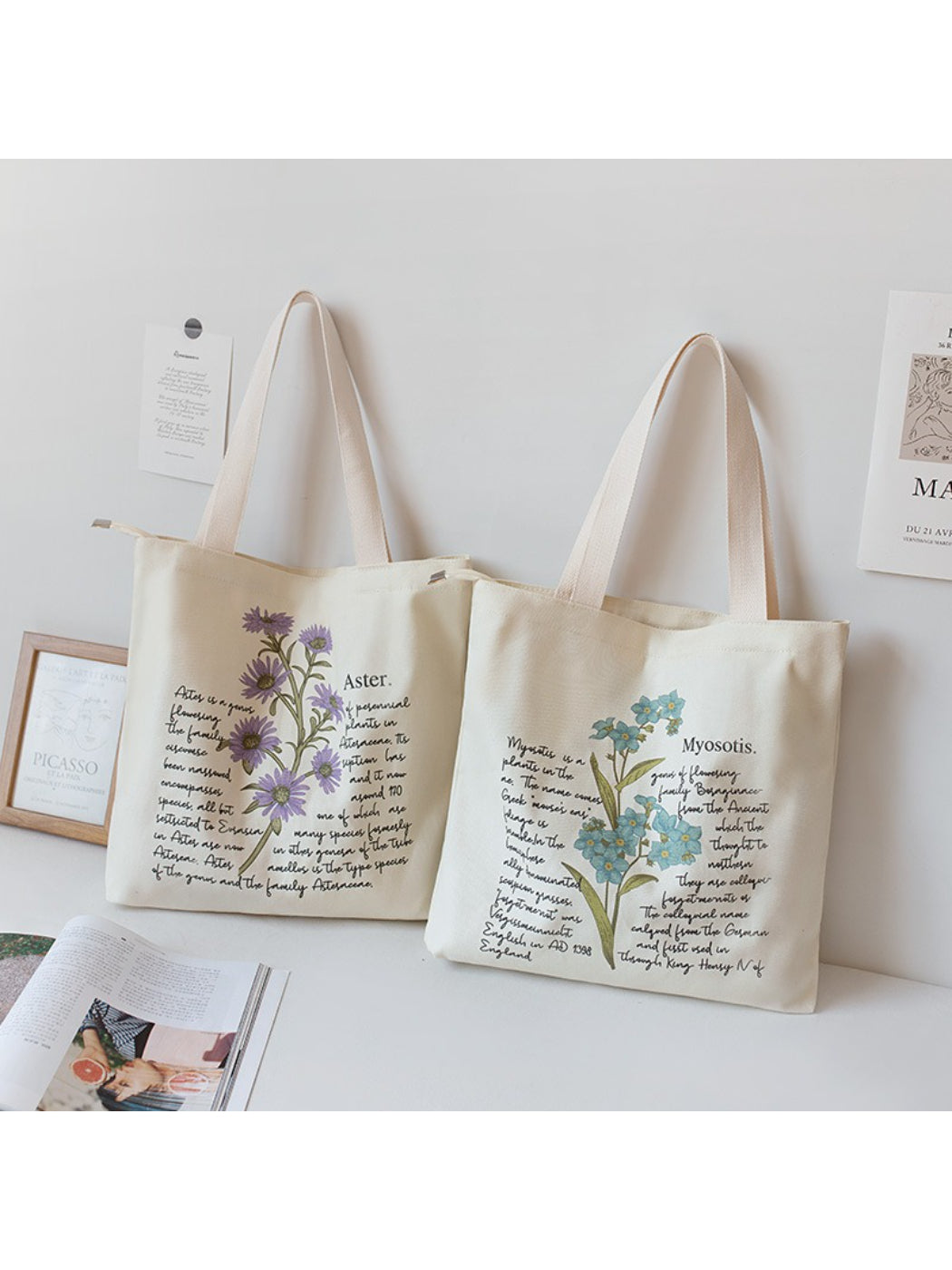 Cosbai - Botanical Script Floral Illustration Tote Bag