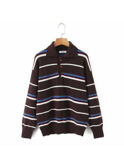 Crosa - Women S Fall Striped Turn Collar Knit Sweater