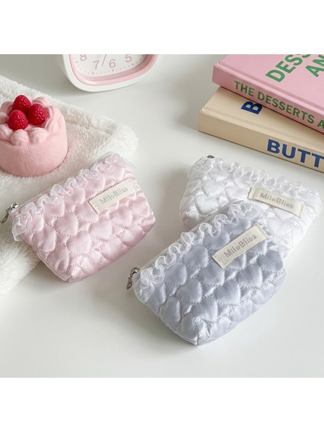 Cosbai Quilted Heart Cosmetic Pouch in soft pink with heart-shaped quilted pattern