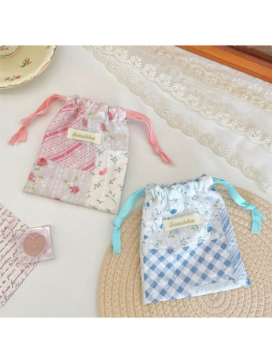 Cosbai floral patchwork drawstring pouch with colorful flower patterns on fabric