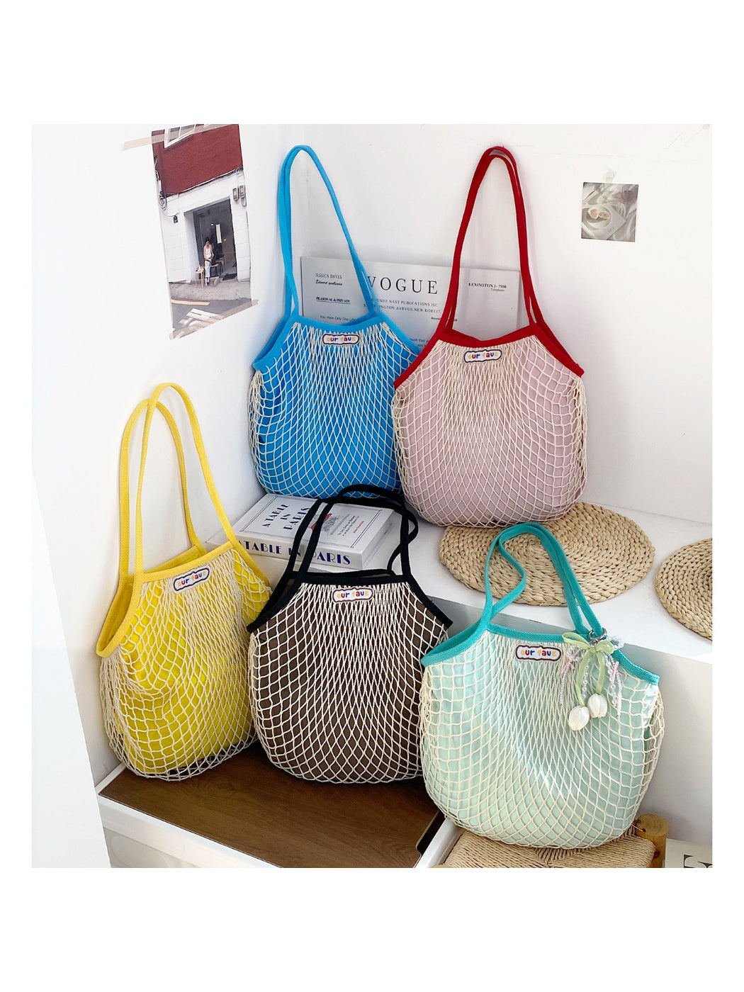 Cosbai double layer mesh beach tote bag in beige with tan handles on white background